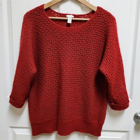 Chico's Sweater Womens XL Red Wool Mohair Blend Open Knit 3/4 Sleeve Pullover - Picture 7 of 8